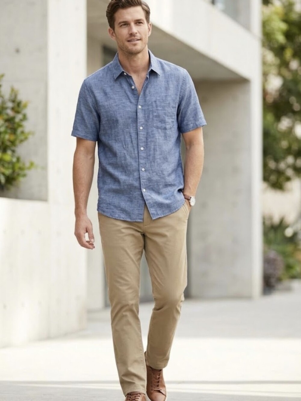 UNIQLO Mens XL Linen Cotton Short Sleeve Button Down Shirt Heather Blue Slub EUC